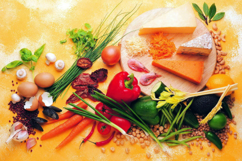 Still life of vegetables, cheese and eggs wallpaper 480x320