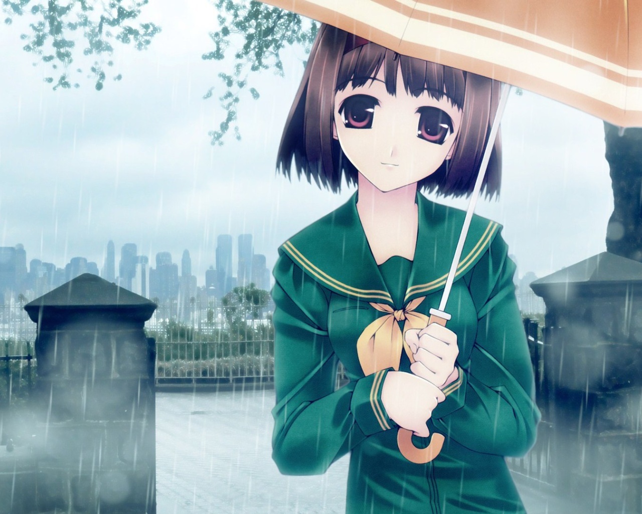 Anime girl in rain wallpaper 1280x1024