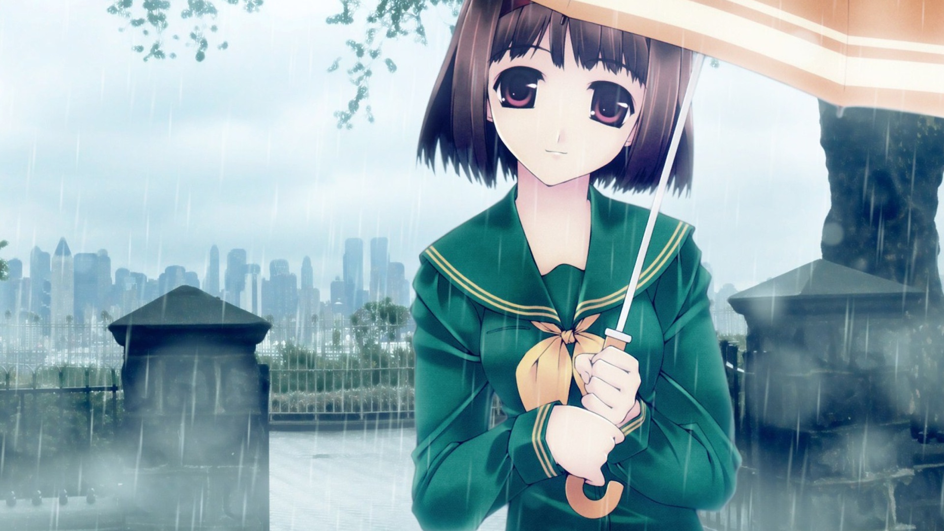 Anime girl in rain wallpaper 1920x1080