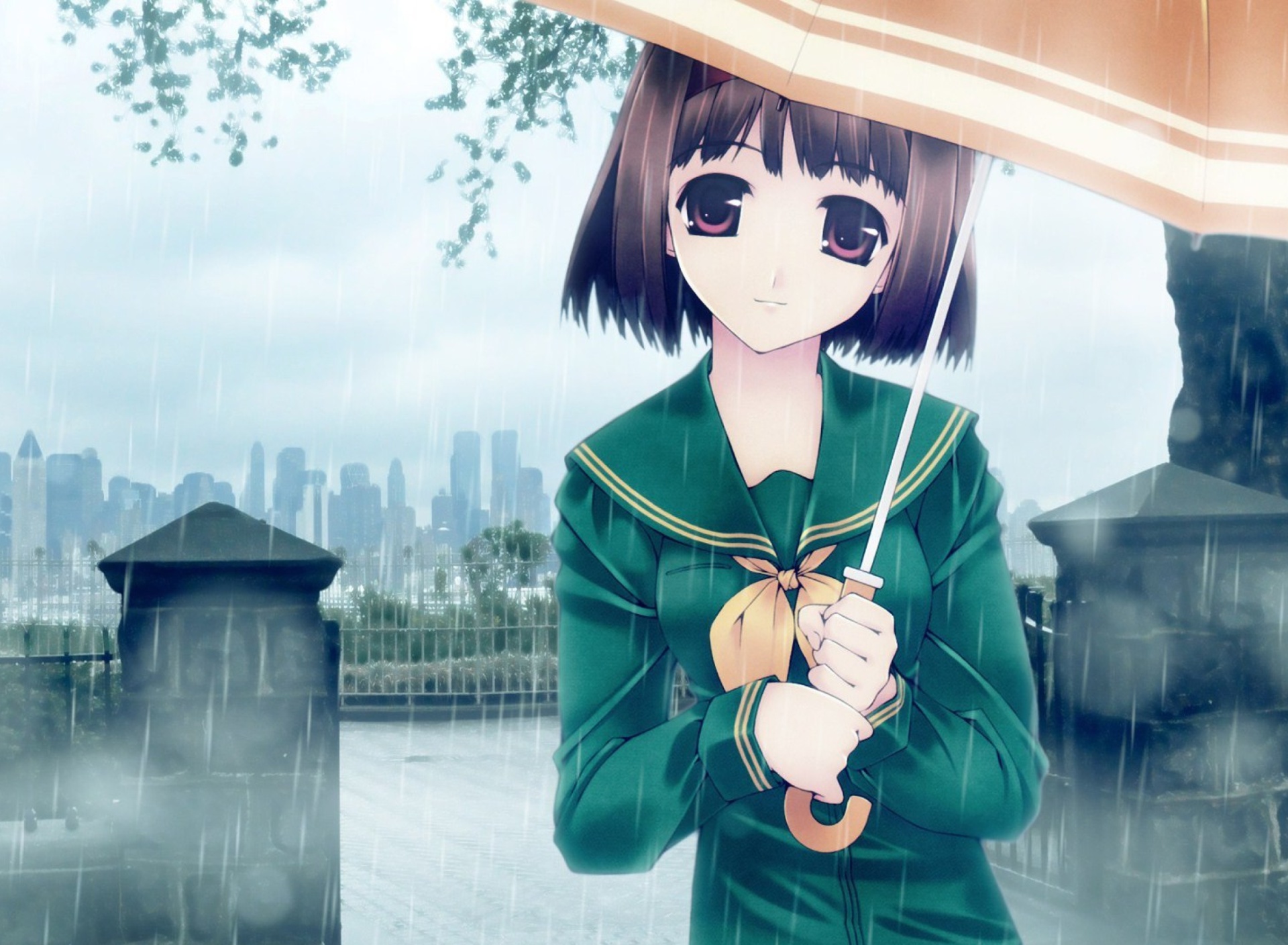 Anime girl in rain wallpaper 1920x1408