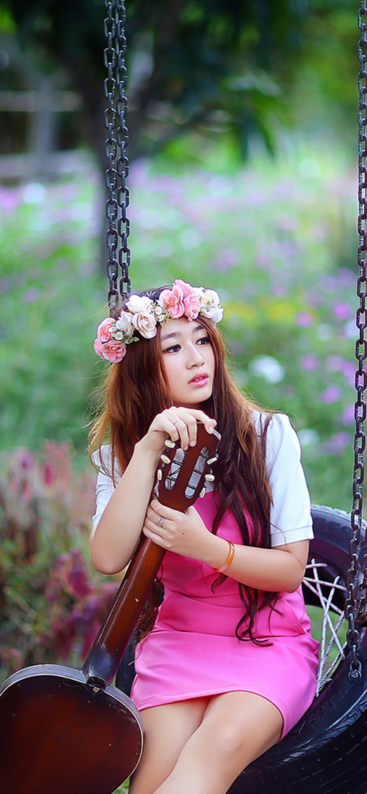 Pretty Asian Girl In Pink Dress And Flower Wreath screenshot #1 1170x2532