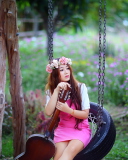 Обои Pretty Asian Girl In Pink Dress And Flower Wreath 128x160