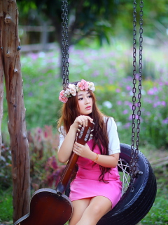 Обои Pretty Asian Girl In Pink Dress And Flower Wreath 240x320