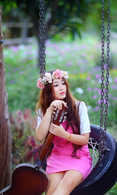 Pretty Asian Girl In Pink Dress And Flower Wreath wallpaper 240x400