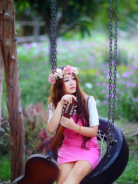 Pretty Asian Girl In Pink Dress And Flower Wreath wallpaper 480x640