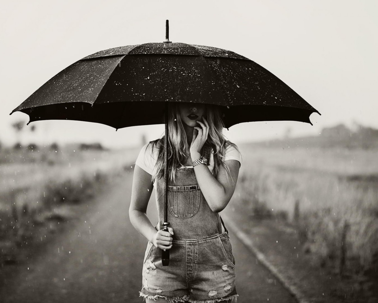 Girl Under Black Umbrella wallpaper 1280x1024