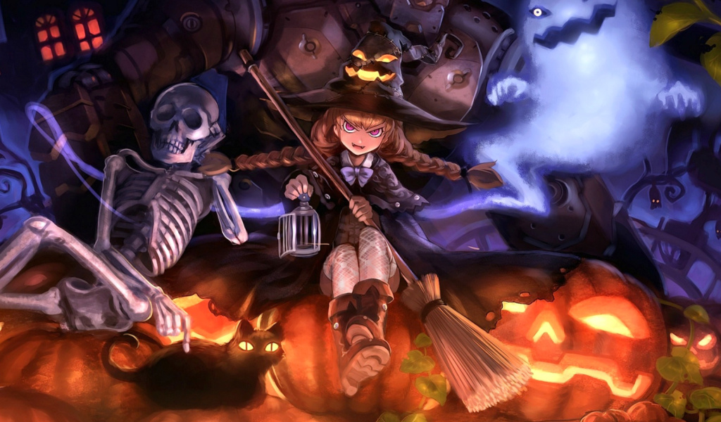 Ghost, skeleton and witch on Halloween wallpaper 1024x600