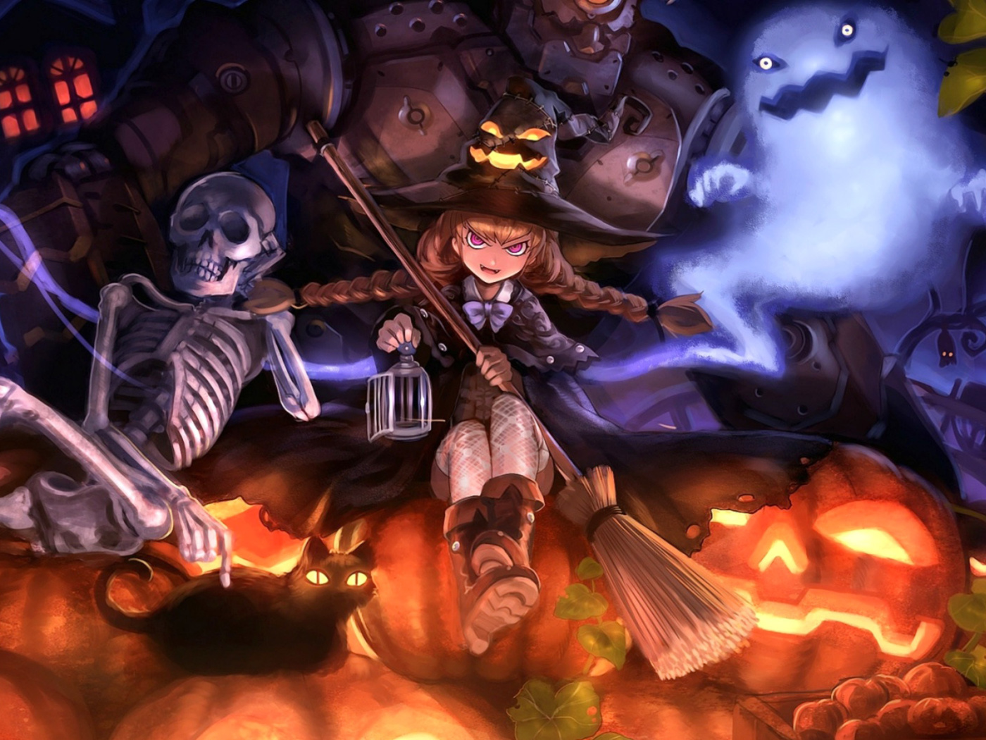 Ghost, skeleton and witch on Halloween wallpaper 1400x1050