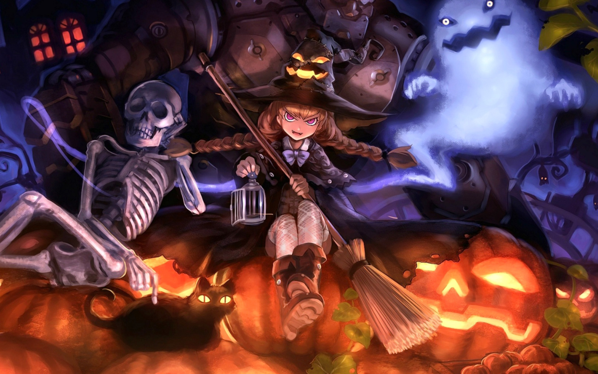 Ghost, skeleton and witch on Halloween wallpaper 1920x1200