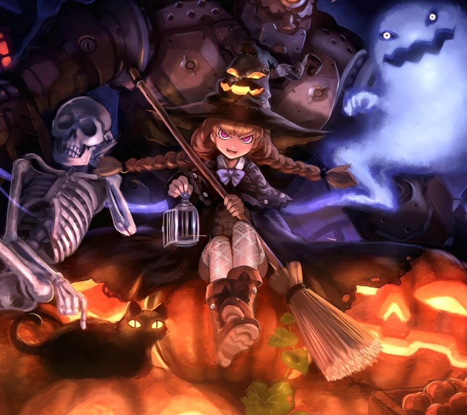 Ghost, skeleton and witch on Halloween wallpaper 960x854