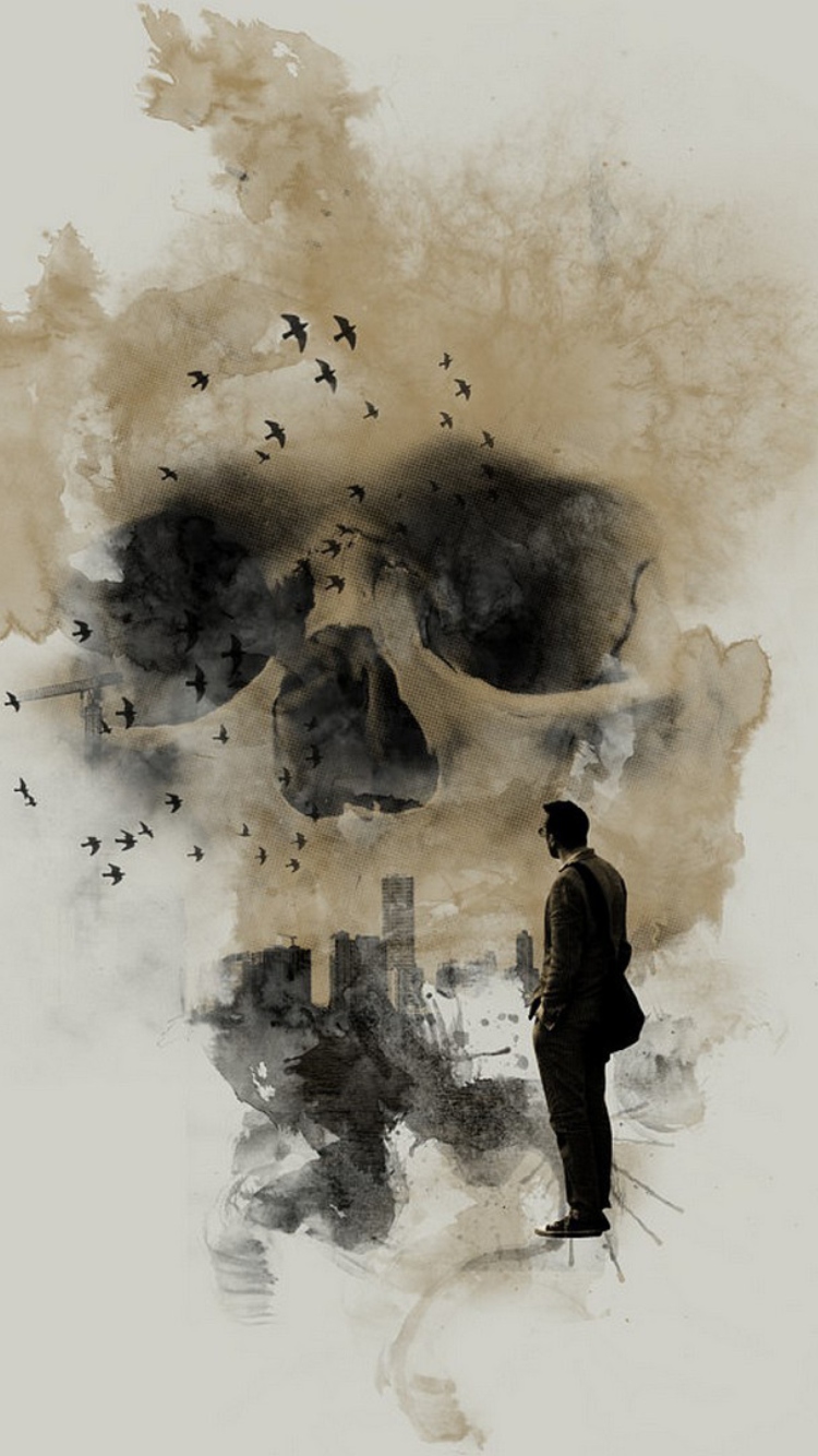 Man Looking At Skull City wallpaper 750x1334