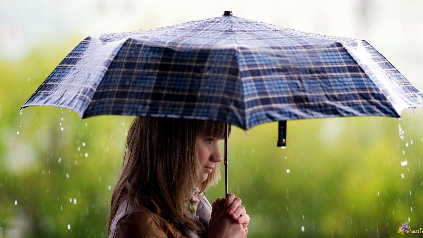 Girl With Umbrella Under The Rain wallpaper 1366x768