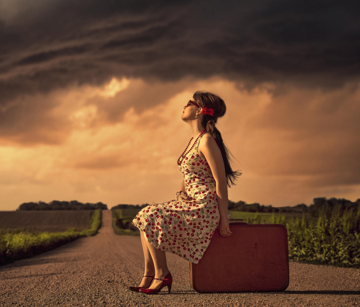 Girl Sitting On Luggage On Road wallpaper 1200x1024