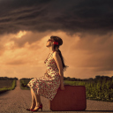 Girl Sitting On Luggage On Road wallpaper 128x128