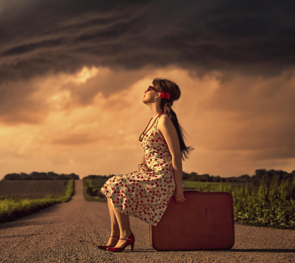 Das Girl Sitting On Luggage On Road Wallpaper 960x854