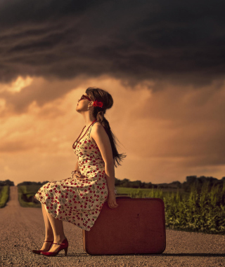 Girl Sitting On Luggage On Road - Fondos de pantalla gratis para HTC Touch Diamond CDMA