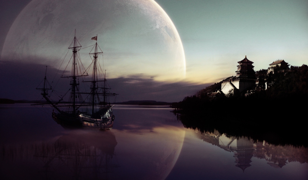 Das Fantasy Ship Moon Reflection Wallpaper 1024x600