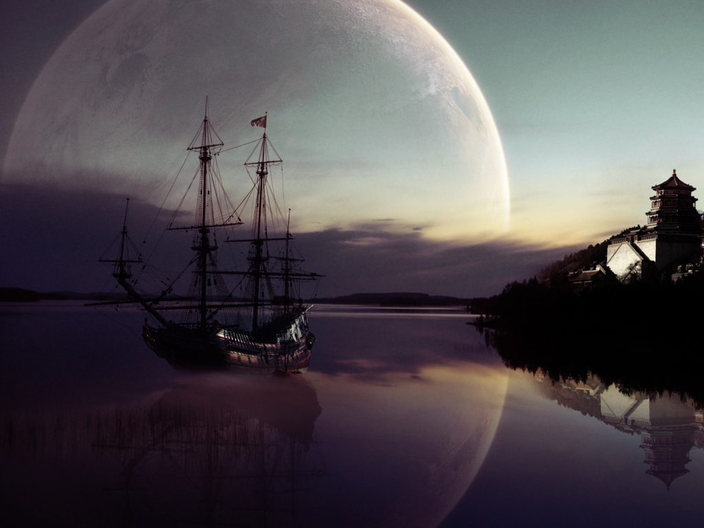 Обои Fantasy Ship Moon Reflection 1024x768