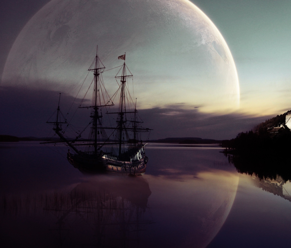 Sfondi Fantasy Ship Moon Reflection 1200x1024