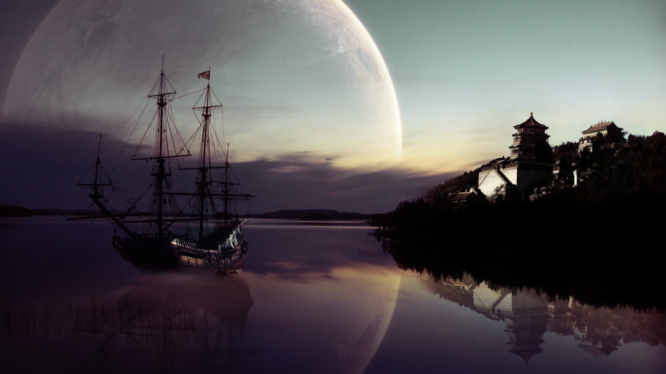 Обои Fantasy Ship Moon Reflection 1366x768