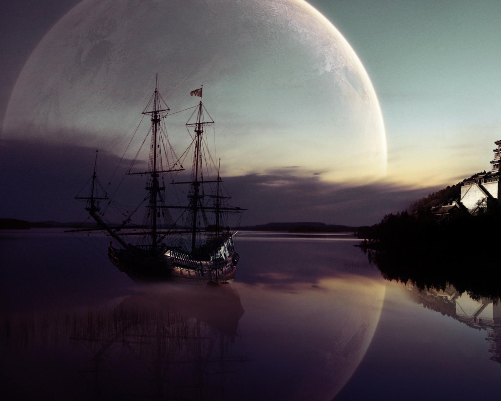 Das Fantasy Ship Moon Reflection Wallpaper 1600x1280