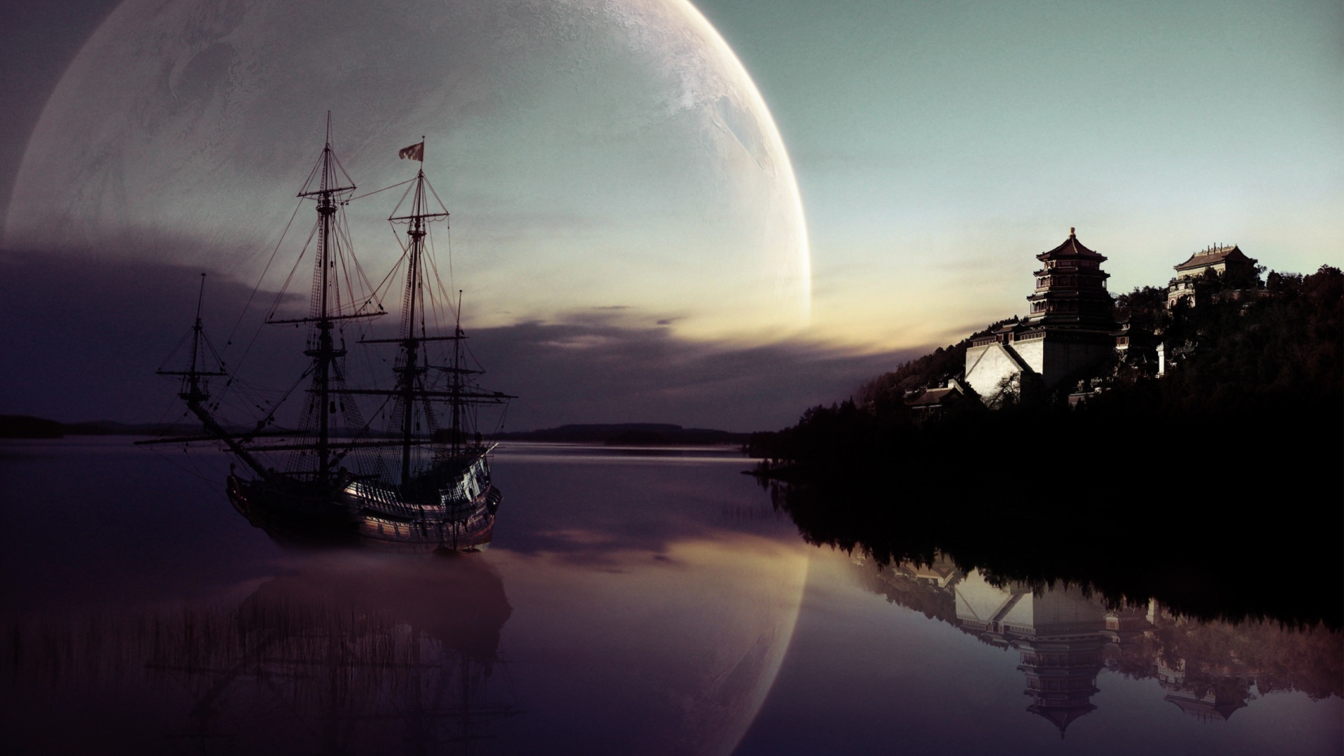 Das Fantasy Ship Moon Reflection Wallpaper 1920x1080
