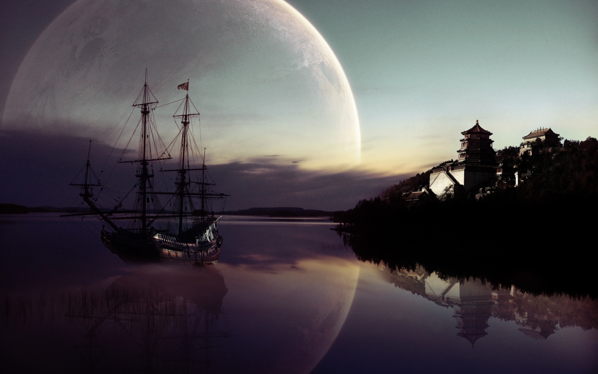 Das Fantasy Ship Moon Reflection Wallpaper 1920x1200