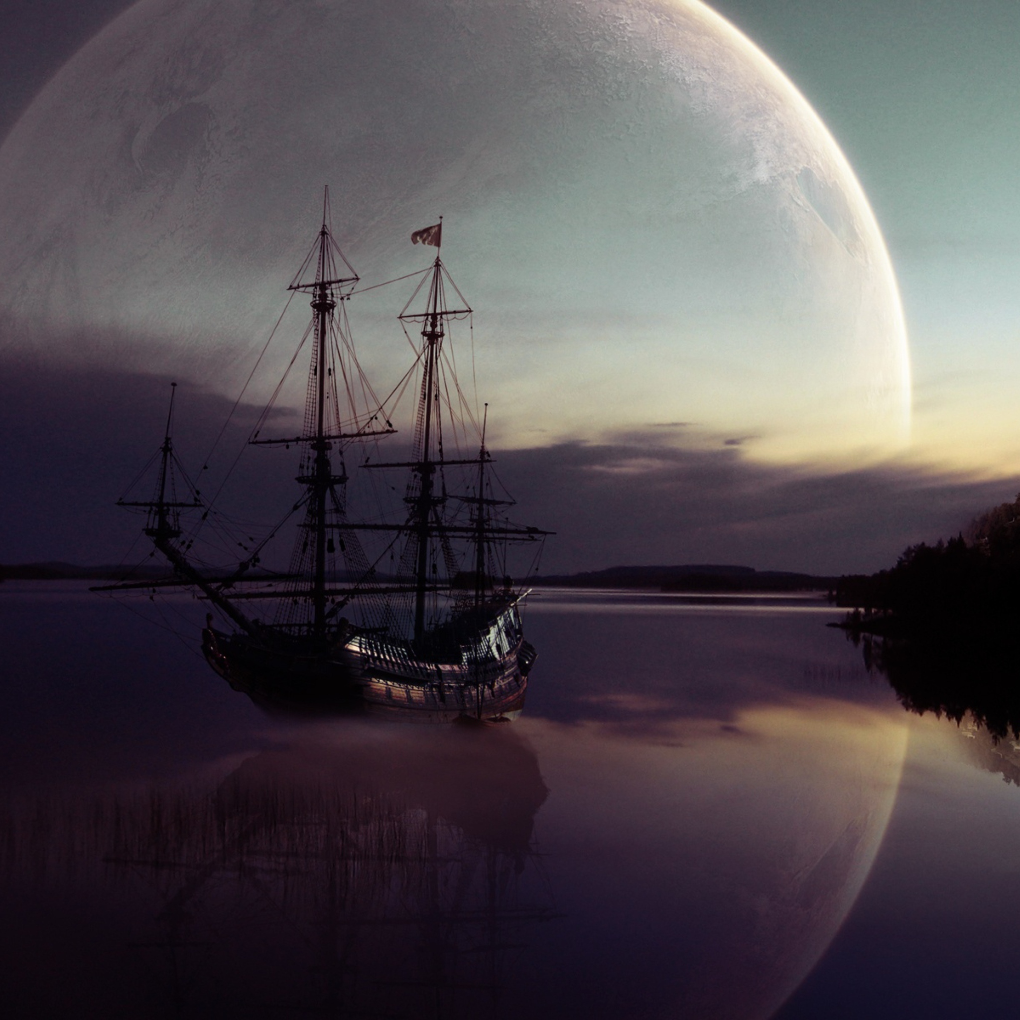 Das Fantasy Ship Moon Reflection Wallpaper 2048x2048