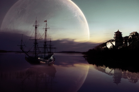 Fondo de pantalla Fantasy Ship Moon Reflection 480x320