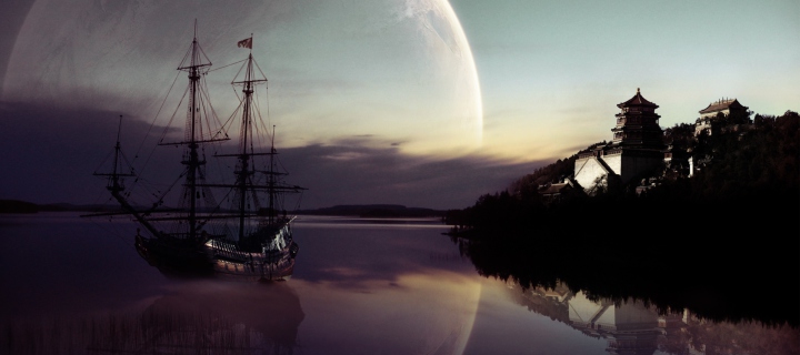 Fantasy Ship Moon Reflection wallpaper 720x320