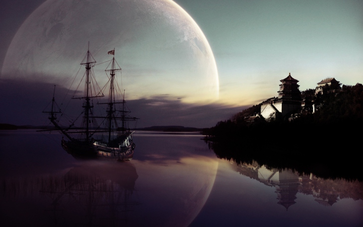 Fondo de pantalla Fantasy Ship Moon Reflection