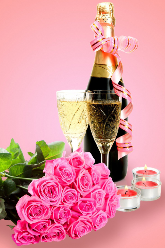 Clipart Roses Bouquet and Champagne wallpaper 640x960