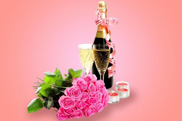 Обои Clipart Roses Bouquet and Champagne