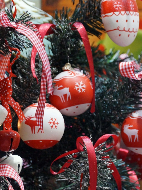 Red Christmas Balls With Reindeers wallpaper 480x640