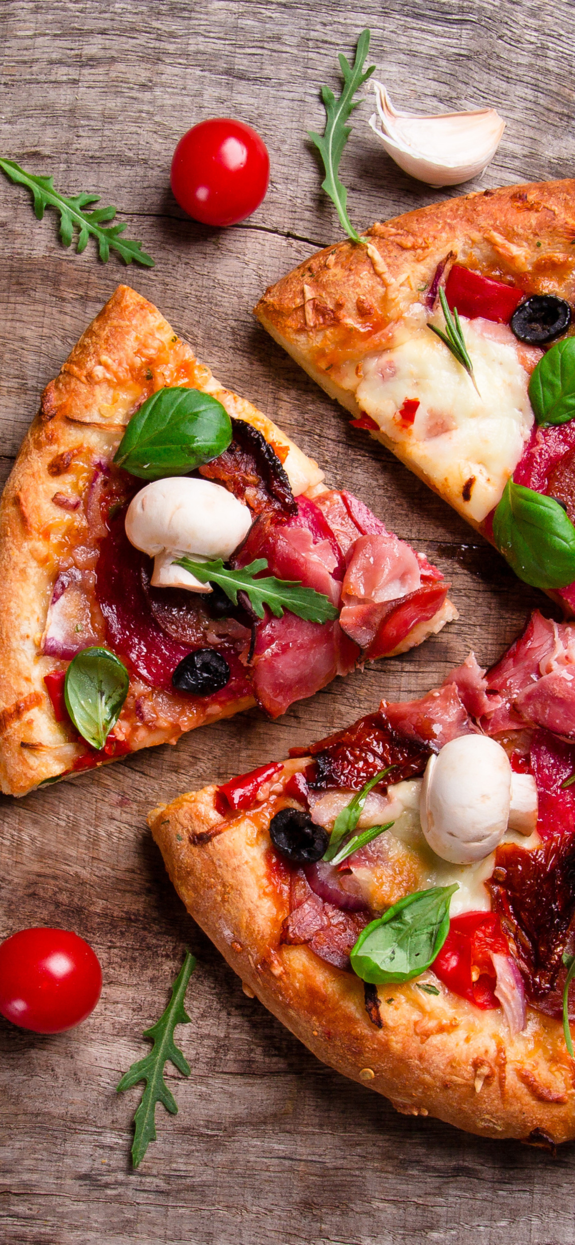 Pizza with mushrooms and olives wallpaper 1170x2532