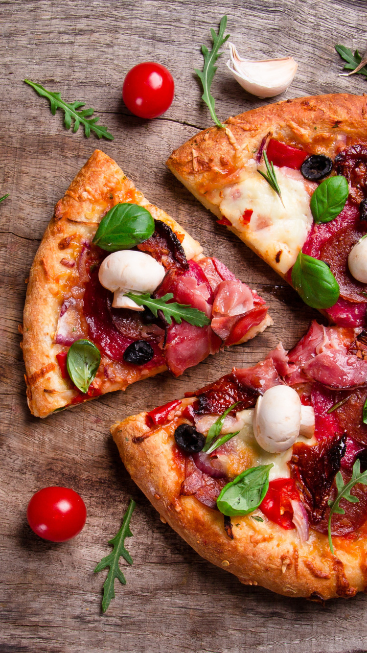 Pizza with mushrooms and olives wallpaper 750x1334