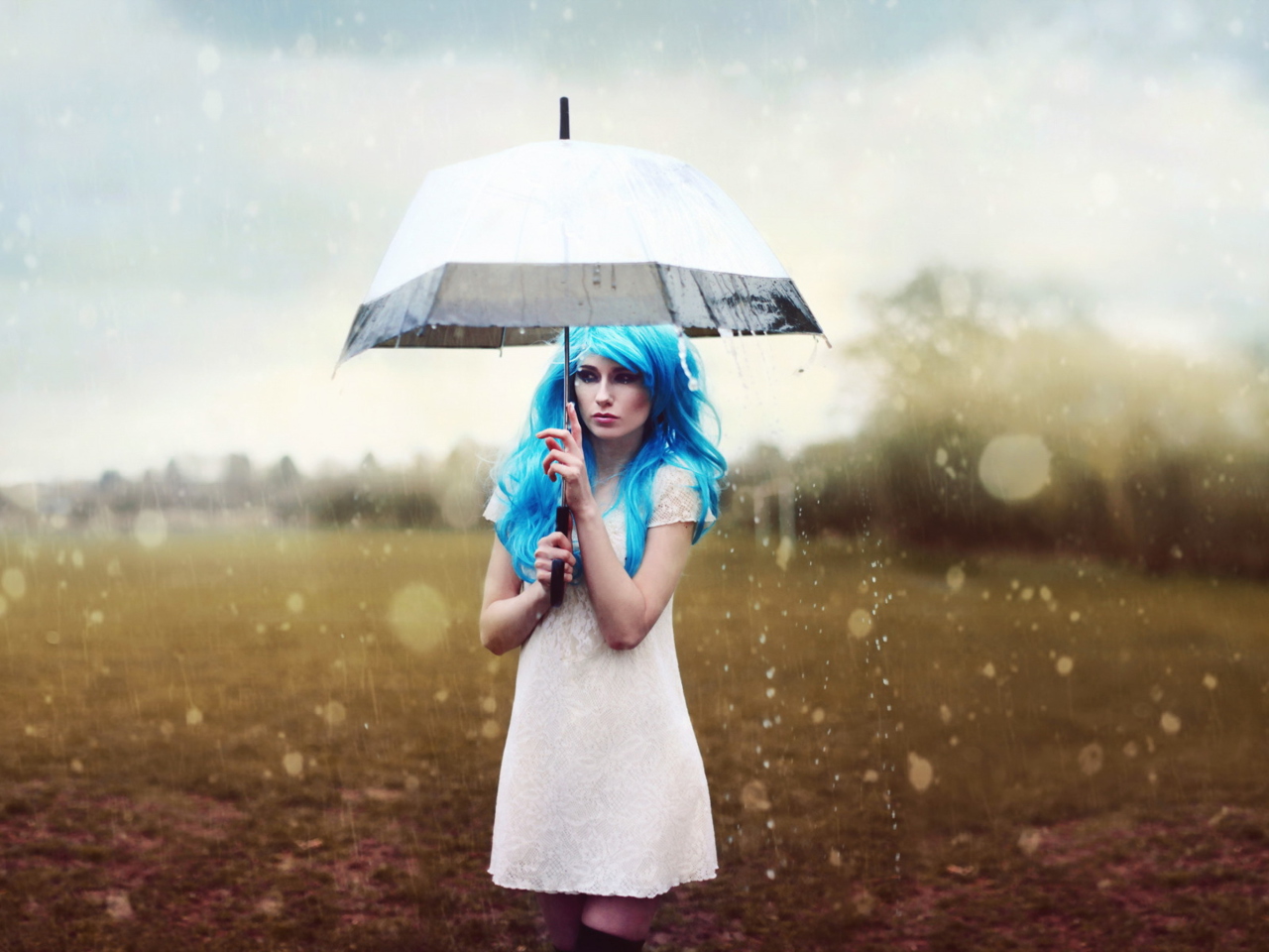 Girl With Blue Hear Under Umbrella wallpaper 1280x960