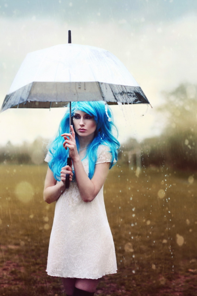 Girl With Blue Hear Under Umbrella wallpaper 640x960