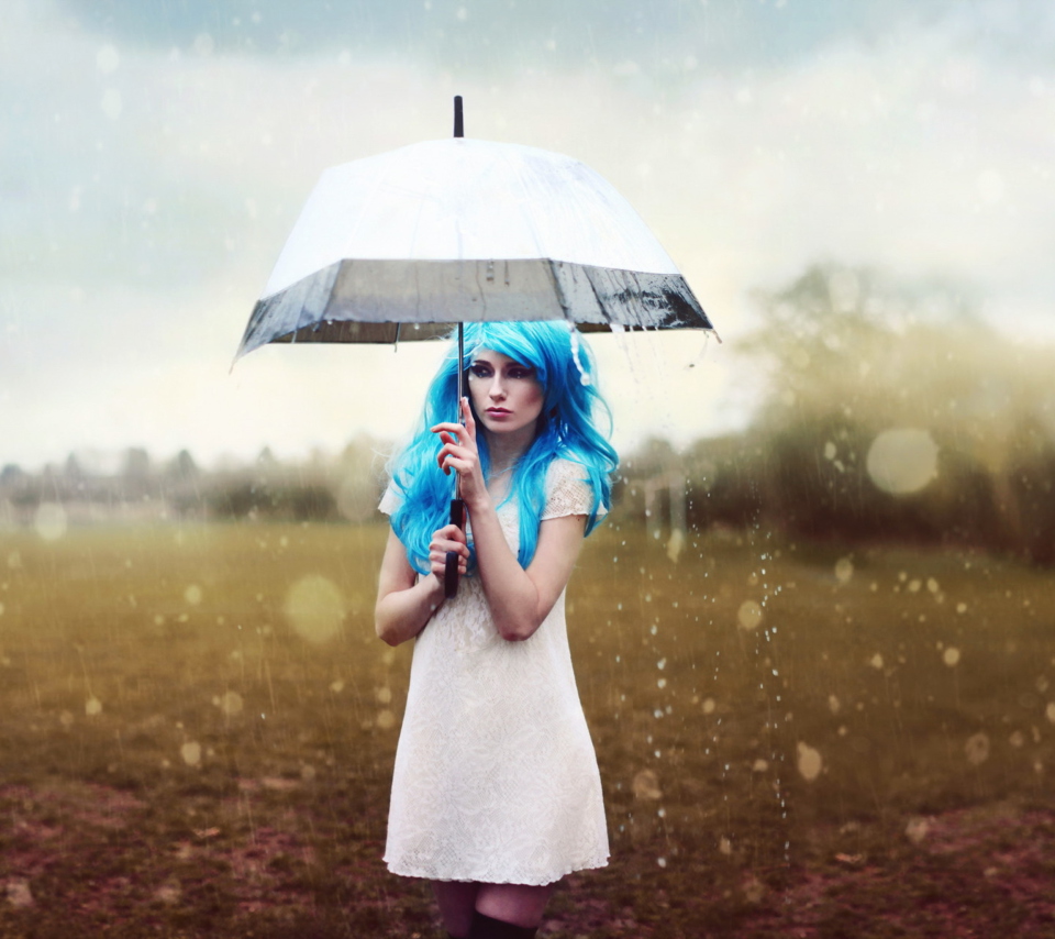 Обои Girl With Blue Hear Under Umbrella 960x854