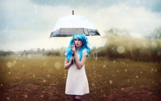 Girl With Blue Hear Under Umbrella Background for Android, iPhone and iPad