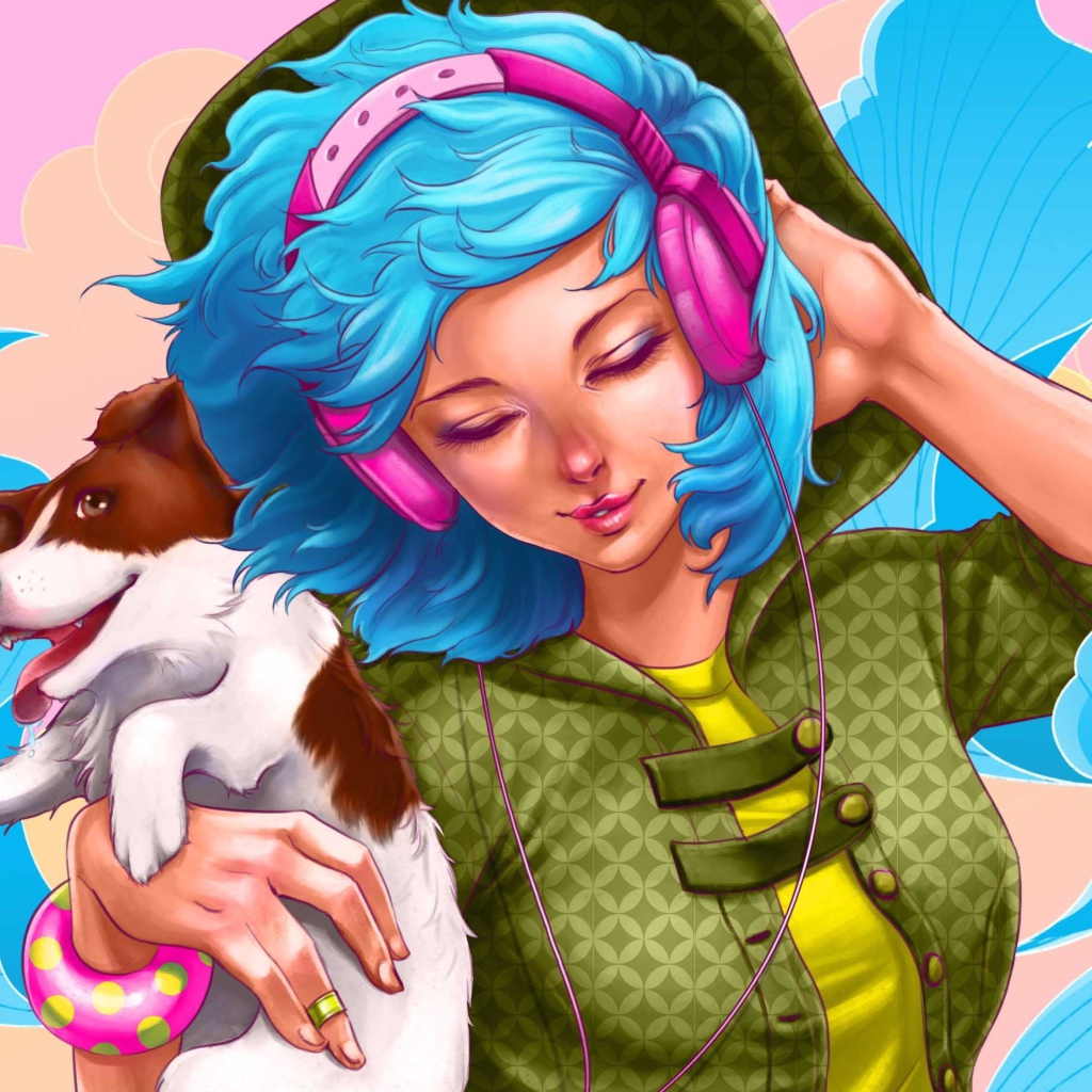 Fondo de pantalla Girl With Blue Hair And Pink Headphones Drawing 1024x1024