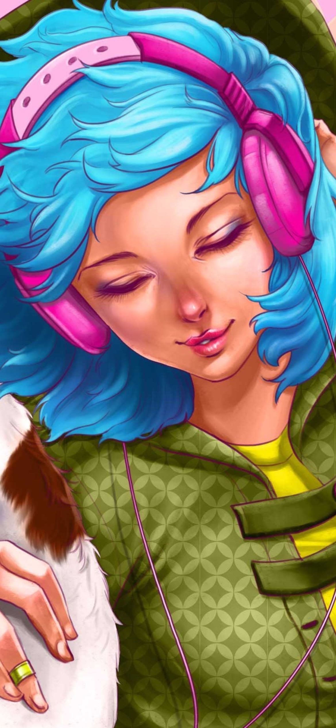 Обои Girl With Blue Hair And Pink Headphones Drawing 1170x2532