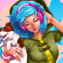 Das Girl With Blue Hair And Pink Headphones Drawing Wallpaper 128x128