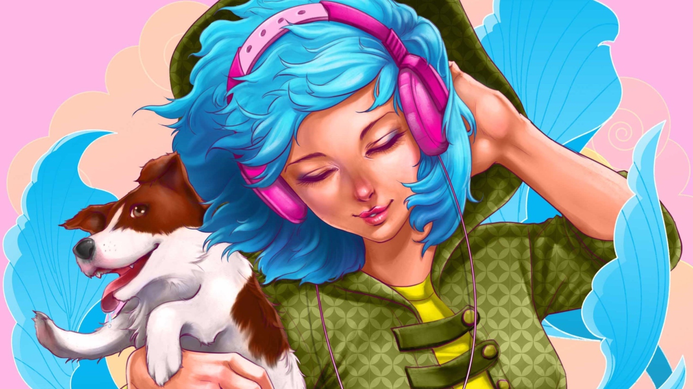 Das Girl With Blue Hair And Pink Headphones Drawing Wallpaper 1366x768