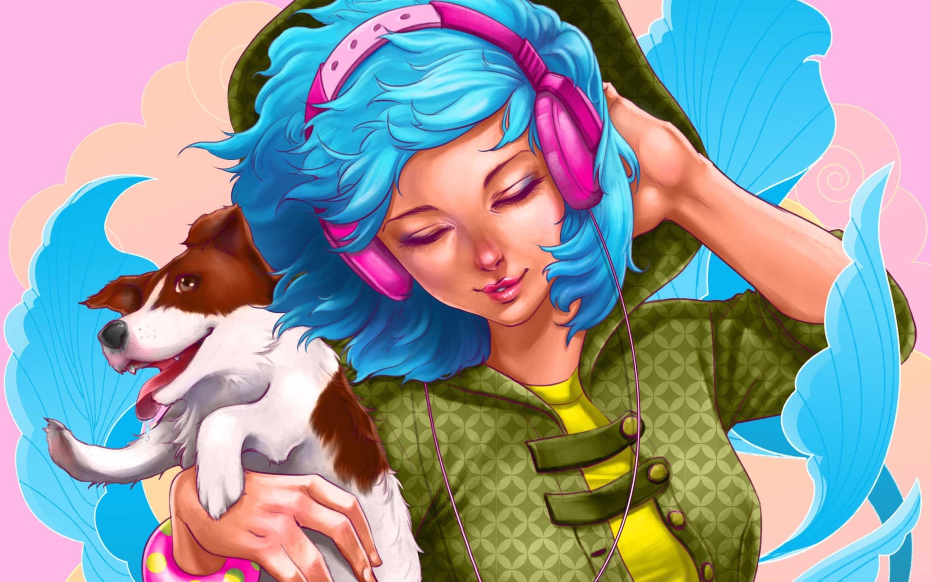 Fondo de pantalla Girl With Blue Hair And Pink Headphones Drawing 1920x1200