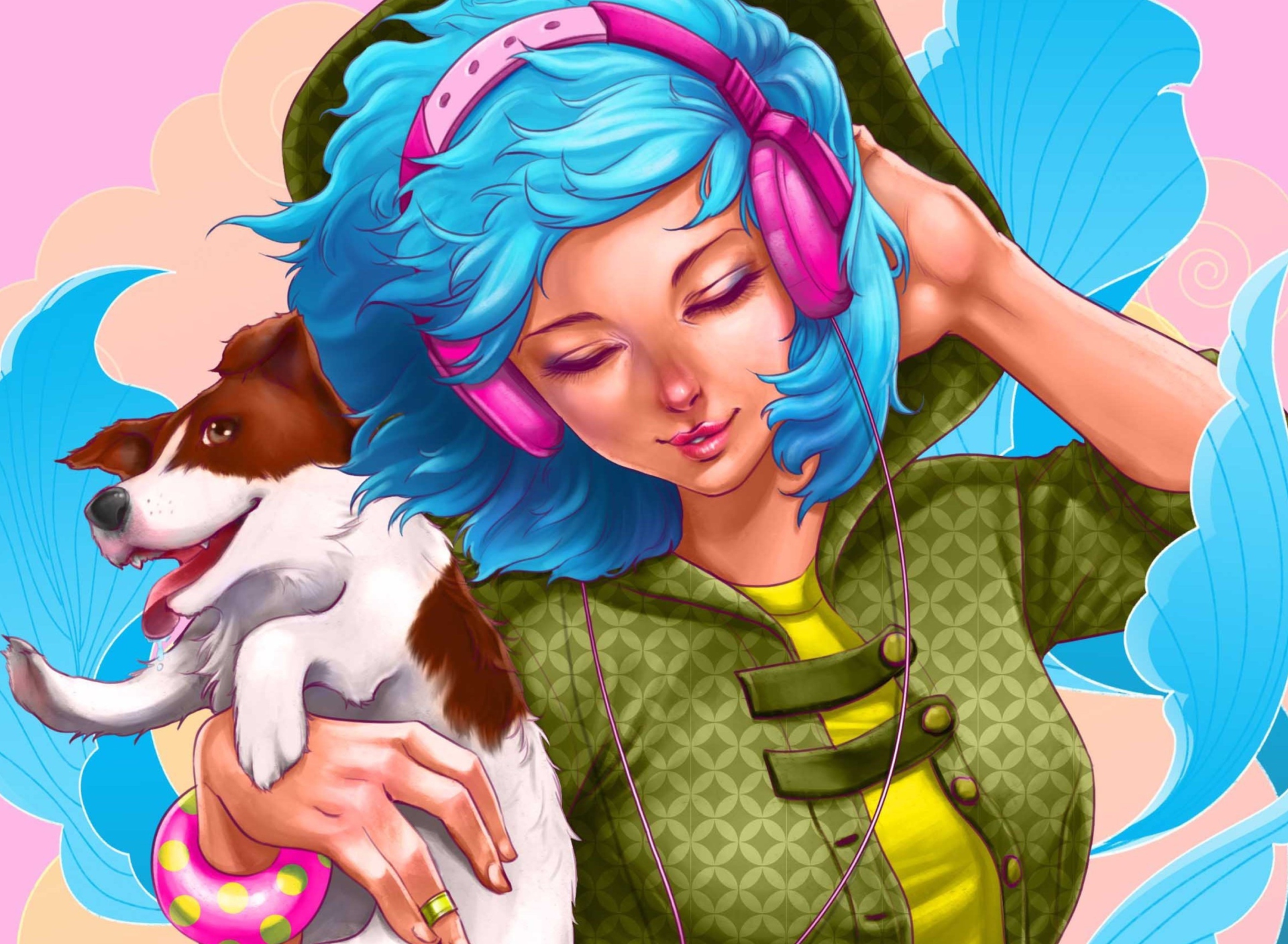 Обои Girl With Blue Hair And Pink Headphones Drawing 1920x1408