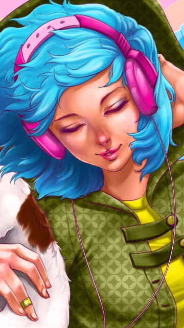 Обои Girl With Blue Hair And Pink Headphones Drawing 360x640