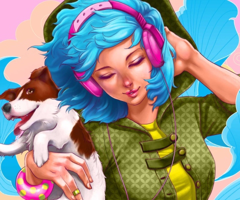 Girl With Blue Hair And Pink Headphones Drawing wallpaper 480x400