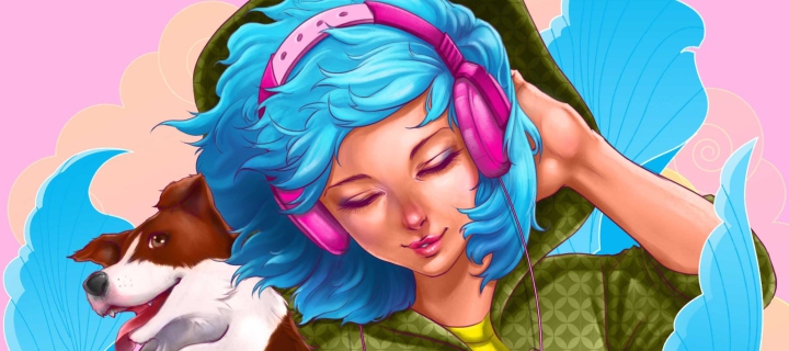 Sfondi Girl With Blue Hair And Pink Headphones Drawing 720x320