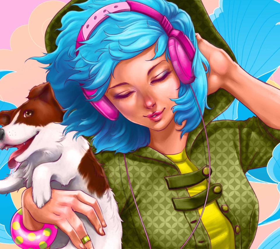 Fondo de pantalla Girl With Blue Hair And Pink Headphones Drawing 960x854